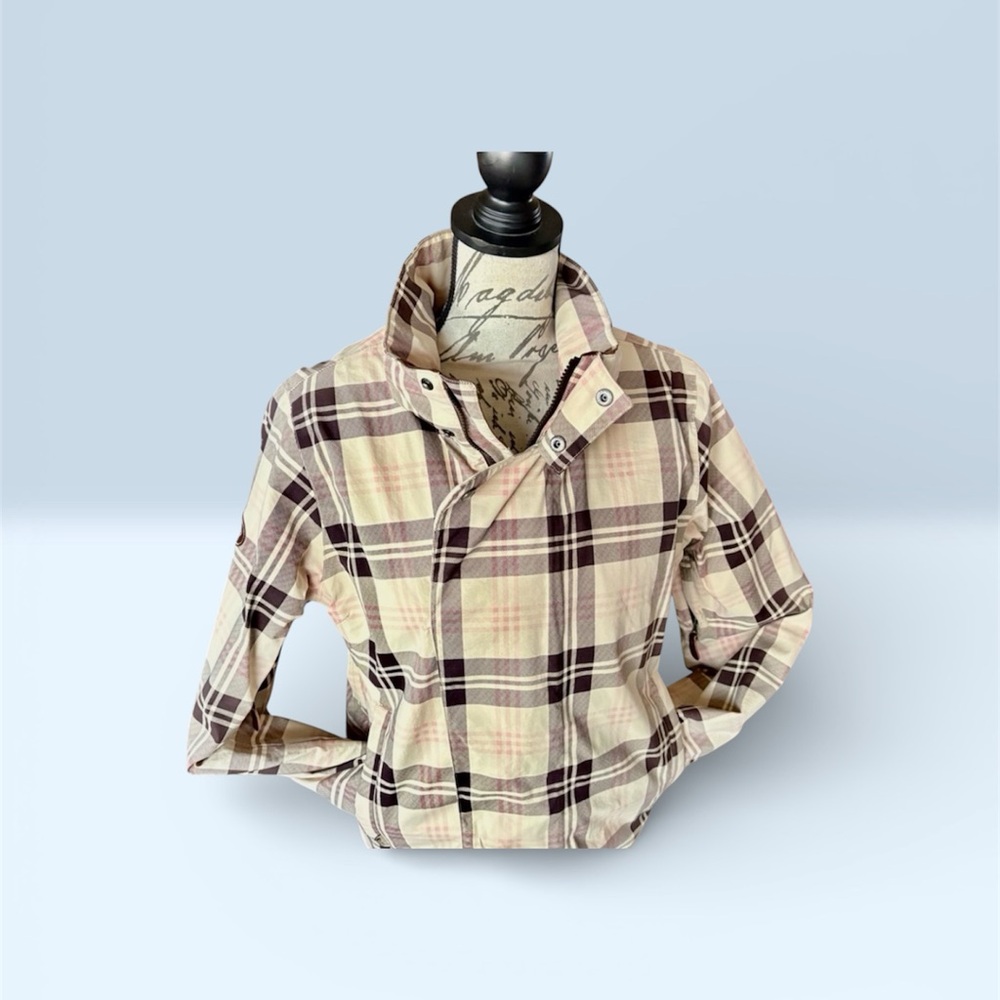 Ski Jacket by Burton-plaid in Cream, Pink & Brown, genuine leather detailing.
